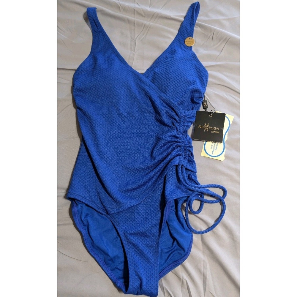 NipTuck Amanda Swim One Piece Swimsuit Womens US 6 Blue Ruched Tummy Control NWT